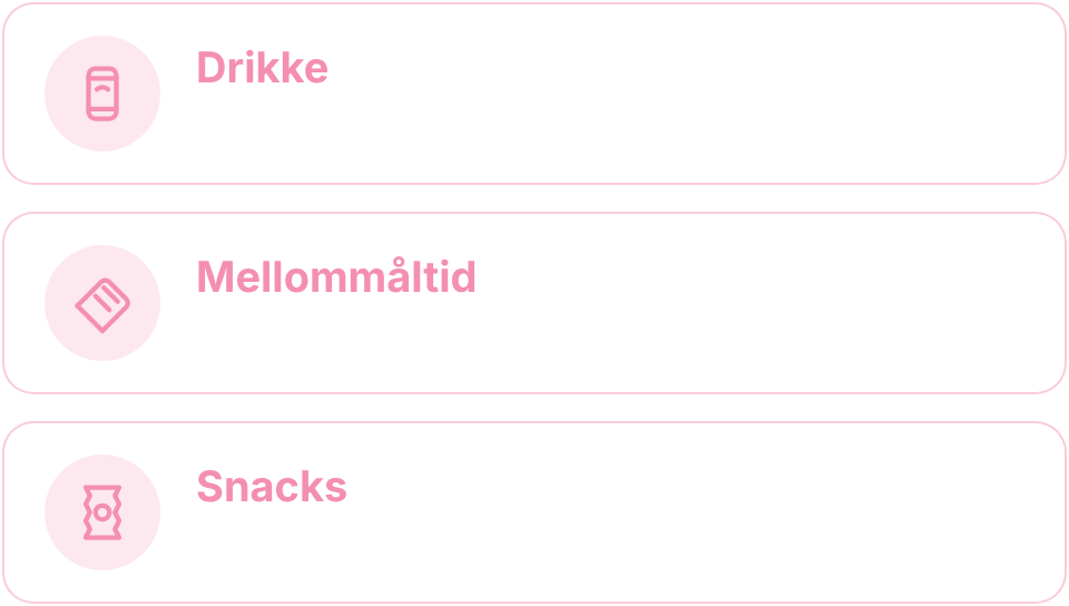 Varer i vareautomaten: drikke (brus, vann, energidrikk, iste), mellommåltid (proteinbarer, nøtter) og snacks (sjokolade, chips, godteri)